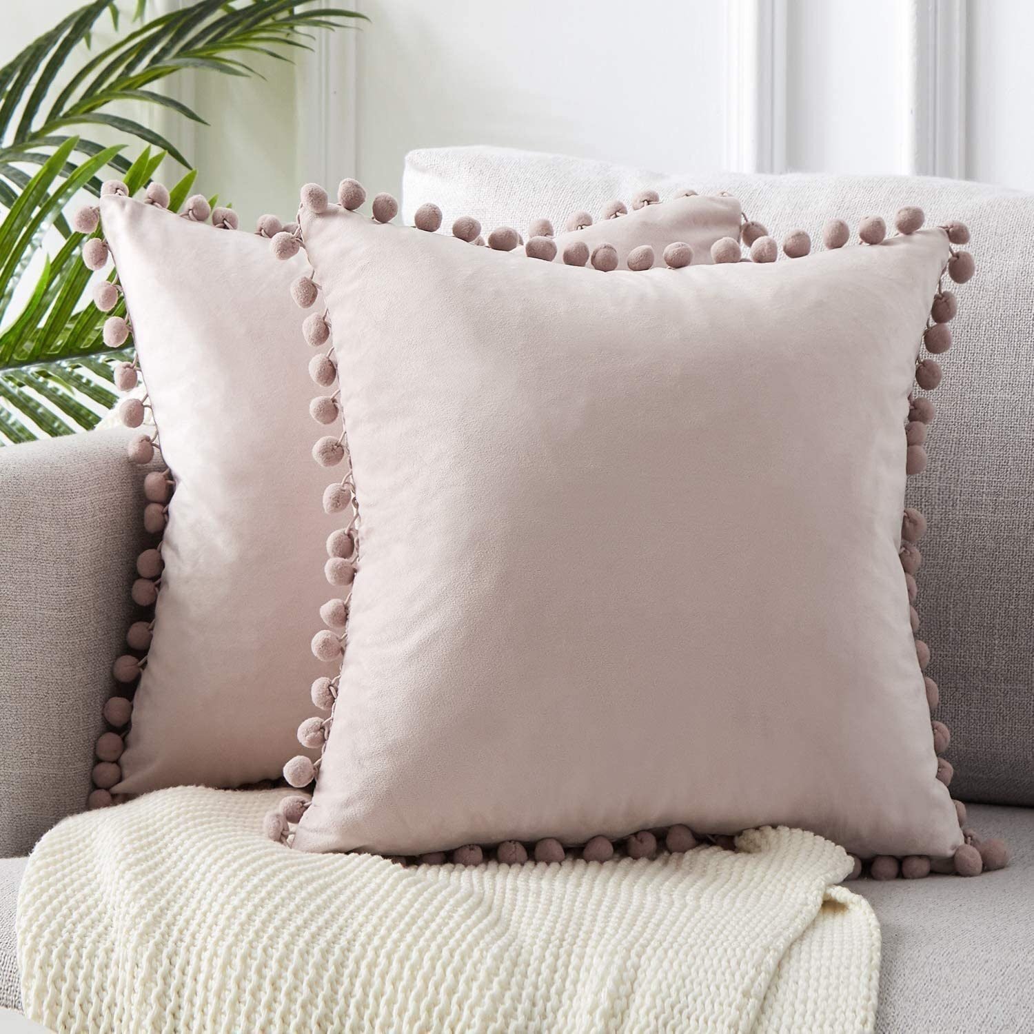 Fundas cojines, Terciopelo con Pompo decorativa para Sofá Cama Sala de Estar. color rosa,