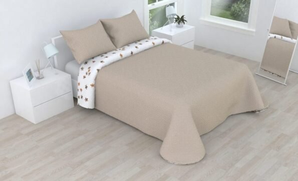 Colcha bouti marca Victorio & Lucchino cosida reversible cubre cama con Fundas 50x70 cm modelo Celia Color Marrón para primavera / verano / otoño