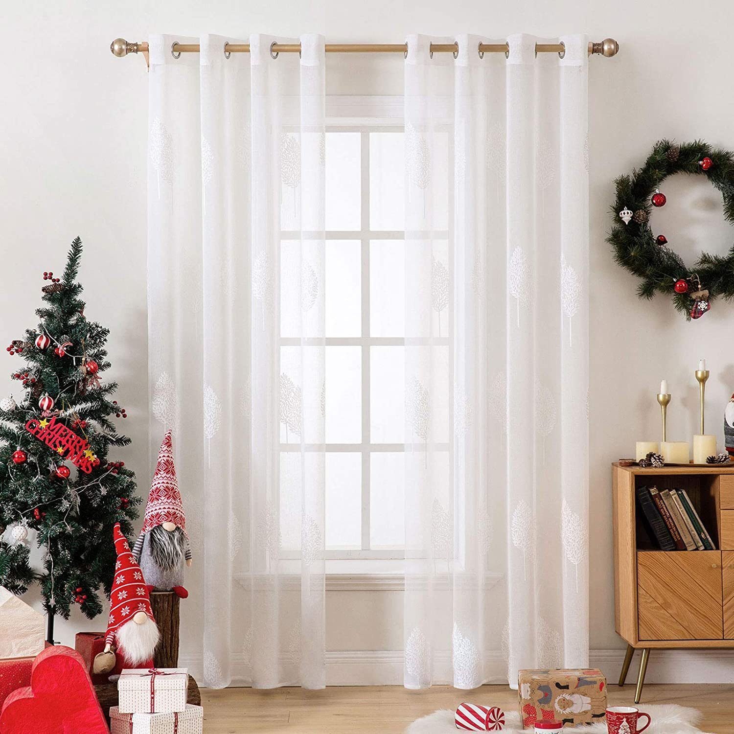 Visillos bordados para sala diseños hojas blanco para salón y habitaciones con 8 ojales Acero, dos unidades de 140 x 260 cm.