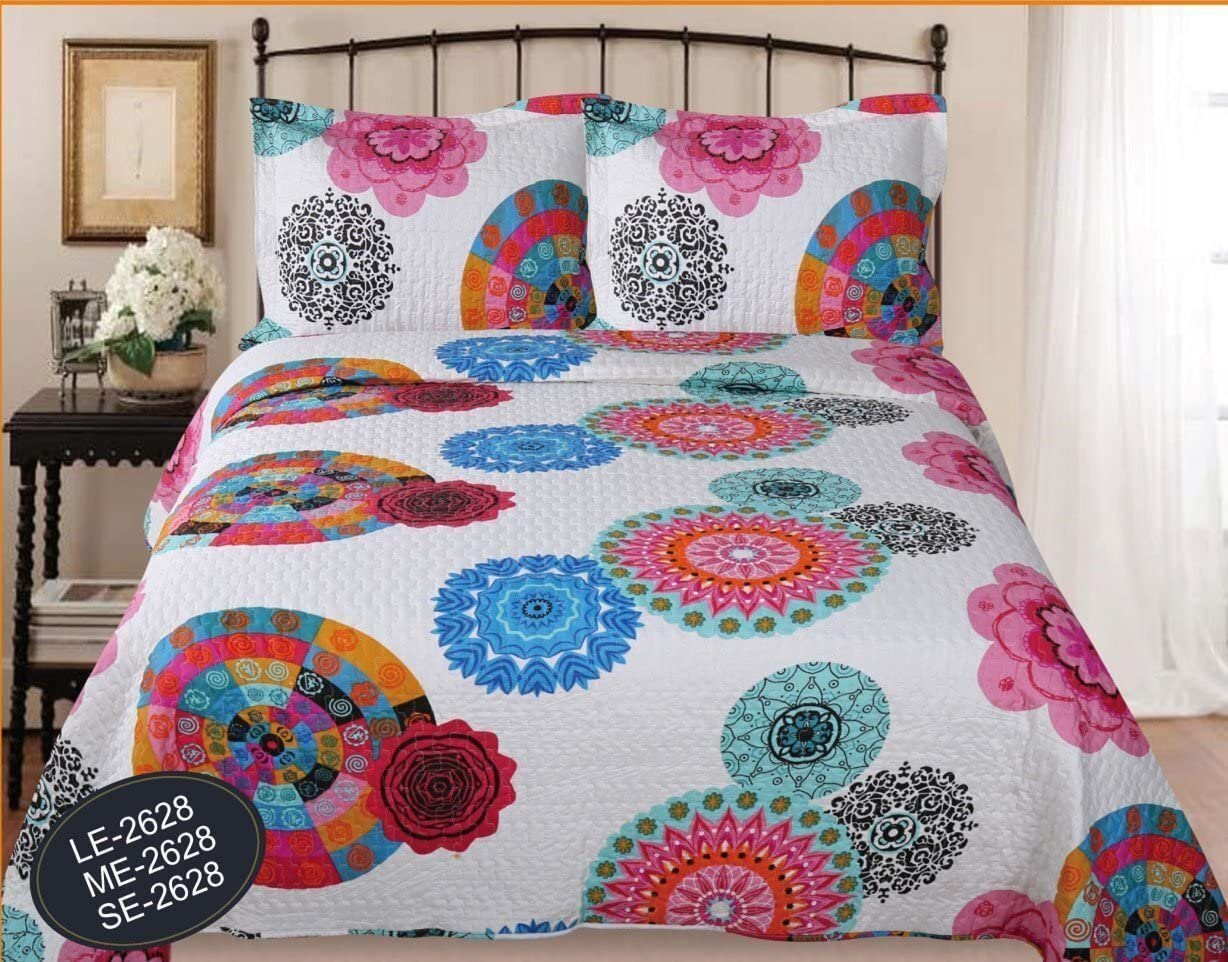 Colcha Boutí Reversible Cama 150 cm, 240 x 260 cm, Estampada Cosida, Mándalas Fucsia.