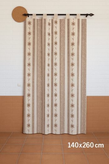 Cortina Exterior Jacquard, 140×260 cm, Rústica Flor Greca Roja UV, Instalación con Trabillas