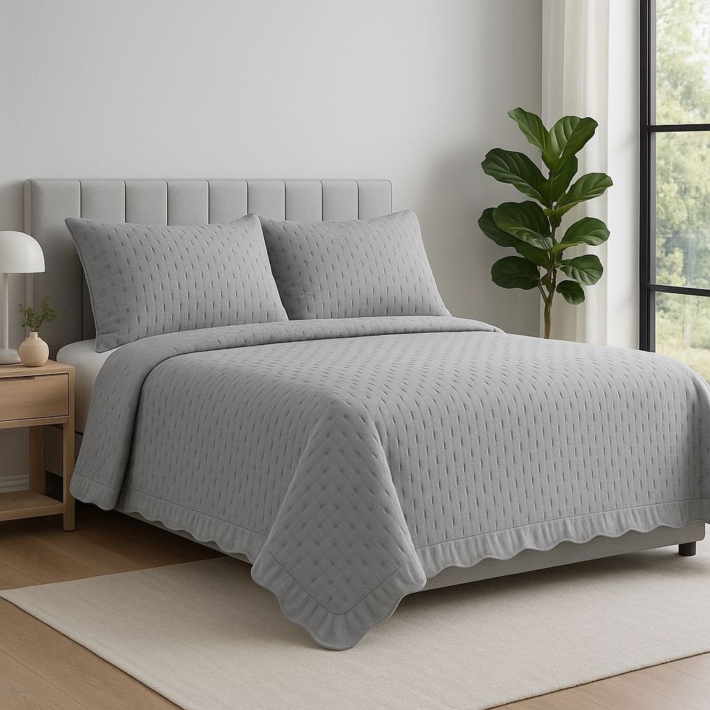 Colcha Bouti Dina Gris con Volante – Tacto Extra Suave y Diseño Elegante – Disponible en Todas las Medidas.