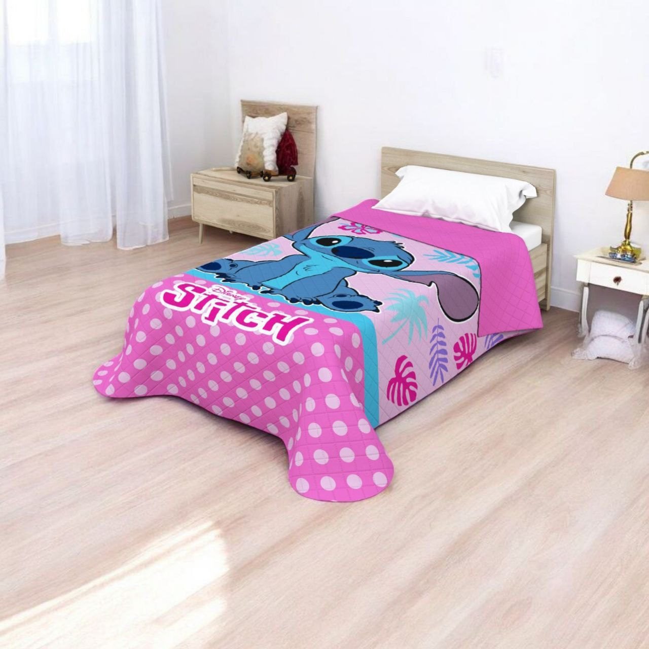 Colcha Acolchada Infantil Stitch Rosa | Ligera y Suave | Para Cama Individual