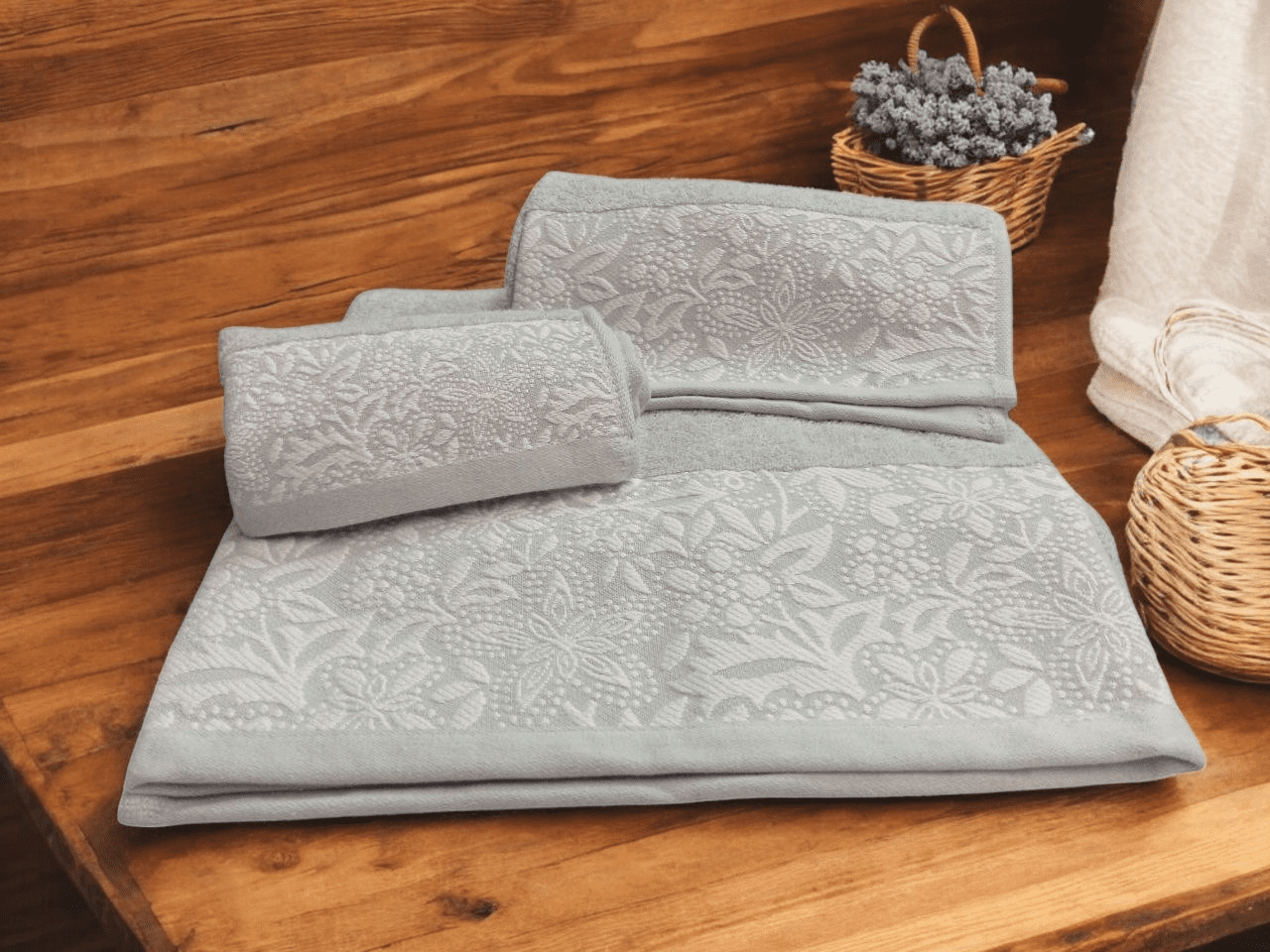 Toallas de Baño 100% algodón Gris Rizo 500gr, Set 3 Piezas Hecho en Portugal, Diseño Avoni.