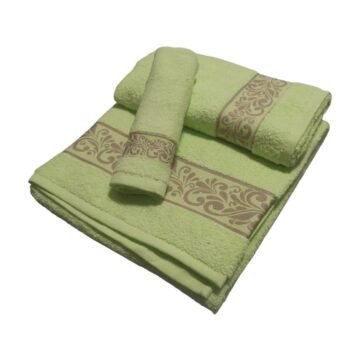 Juego de Toallas Cenefa Baño Verde Manzana – 3 Piezas de Lujo | 100% Algodón Portugués | 500 g/m