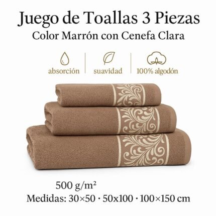 Juego de Toallas 3 Piezas 100% Algodón Portugués, 500 g/m, Oro en Marrón.