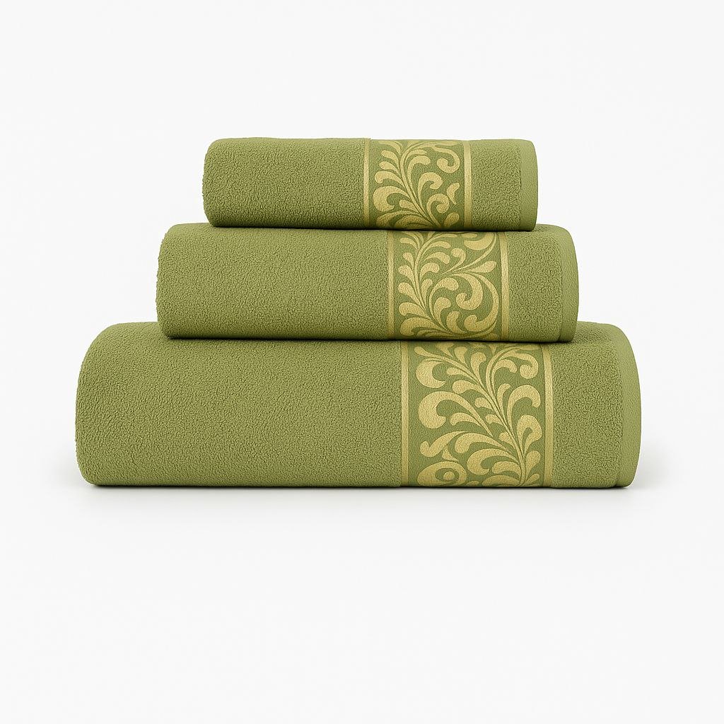 Juego de Toallas 3 Piezas 100% Algodón Portugués, 500 g/m, Oro en Verde Olivo. - Imagen 3