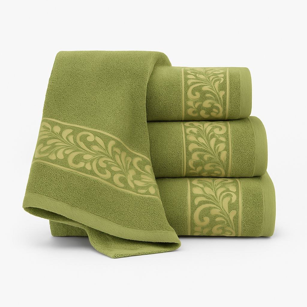 Juego de Toallas 3 Piezas 100% Algodón Portugués, 500 g/m, Oro en Verde Olivo. - Imagen 2