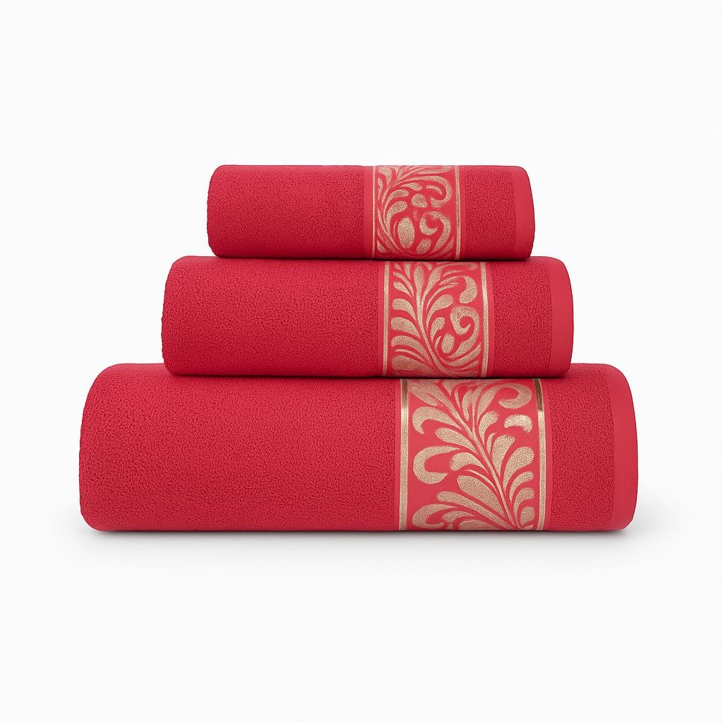 Juego de Toallas 3 Piezas 100% Algodón Portugués, 500 g/m, Oro en Rojo Coral. - Imagen 3