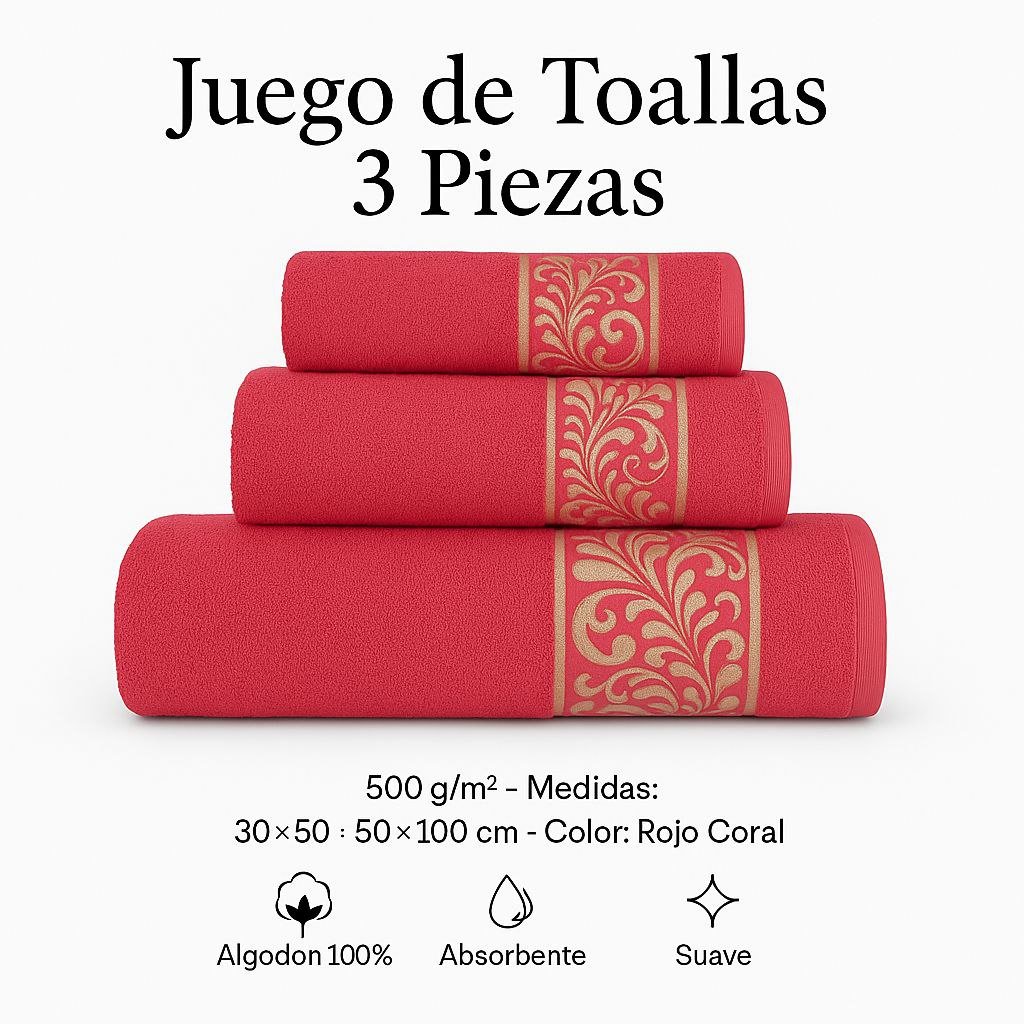 Juego de Toallas 3 Piezas 100% Algodón Portugués, 500 g/m, Oro en Rojo Coral.
