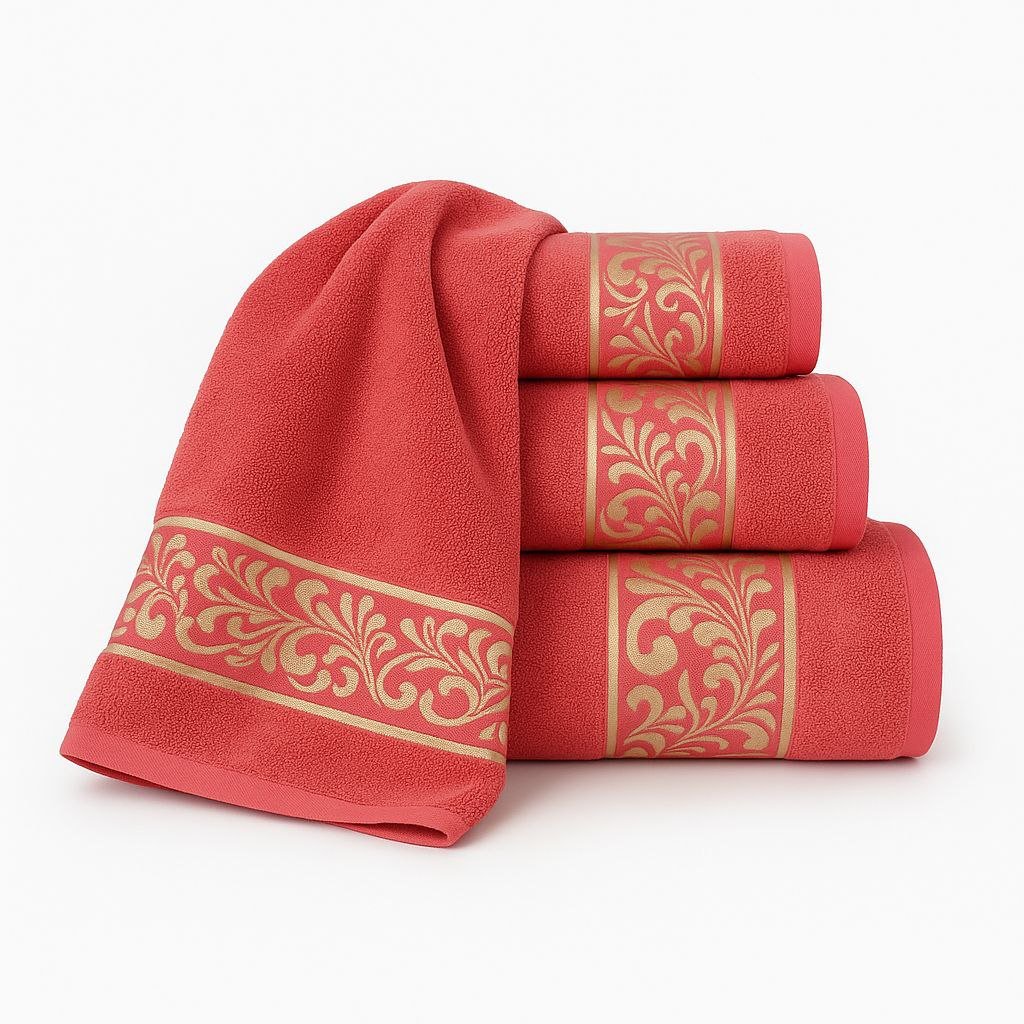 Juego de Toallas 3 Piezas 100% Algodón Portugués, 500 g/m, Oro en Rojo Coral. - Imagen 2
