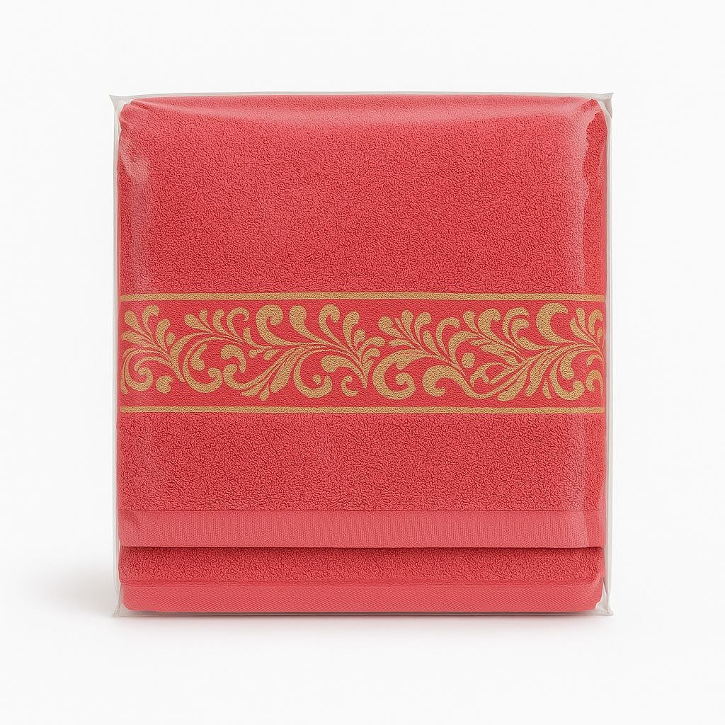 Juego de Toallas 3 Piezas 100% Algodón Portugués, 500 g/m, Oro en Rojo Coral. - Imagen 4