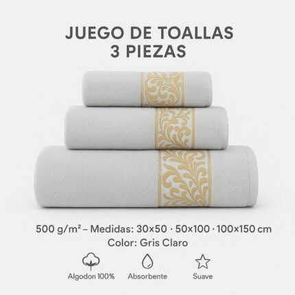 Juego de Toallas 3 Piezas 100% Algodón Portugués, 500 g/m, Oro en Gris Claro.