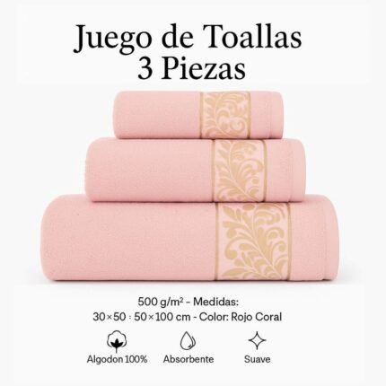 Juego de Toallas 3 Piezas 100% Algodón Portugués, 500 g/m, Oro en Rosa Palo.