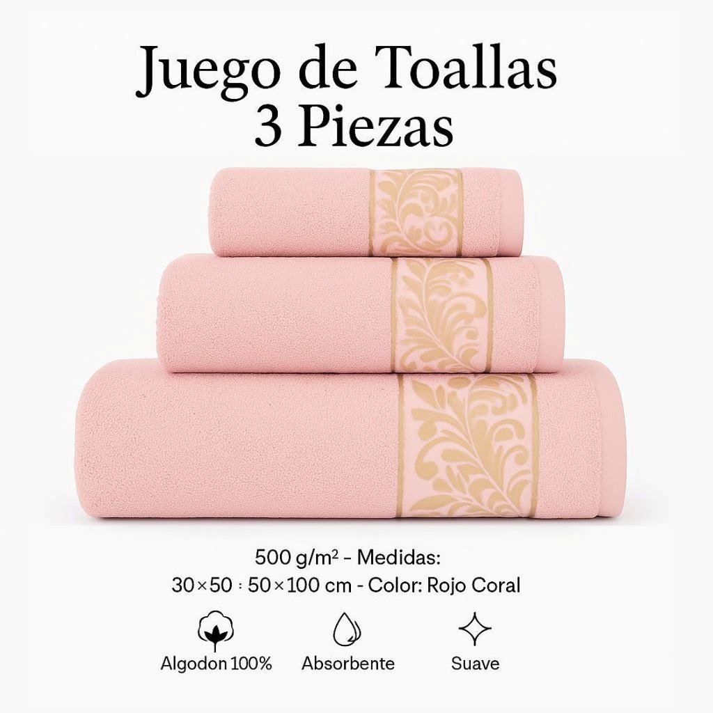 Juego de Toallas 3 Piezas 100% Algodón Portugués, 500 g/m, Oro en Rosa Palo.