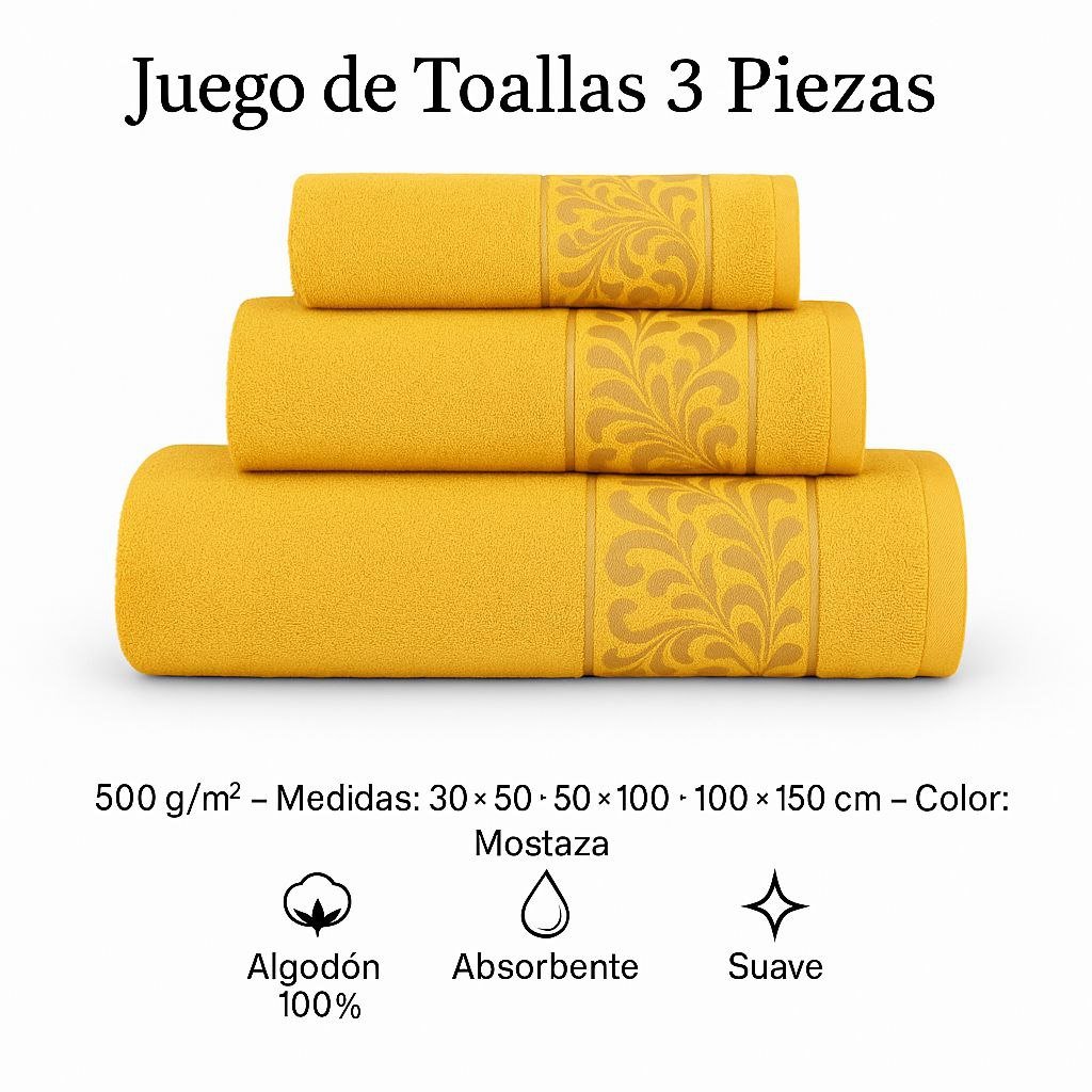 Juego de Toallas 3 Piezas 100% Algodón Portugués, 500 g/m, Oro en Mostaza.