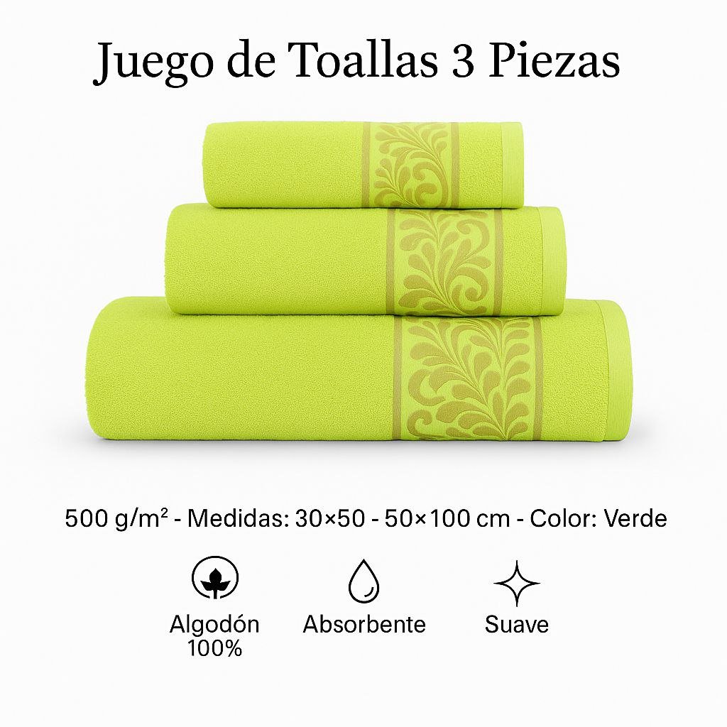 Juego de Toallas 3 Piezas 100% Algodón Portugués, 500 g/m, Oro en Verde Pistacho.