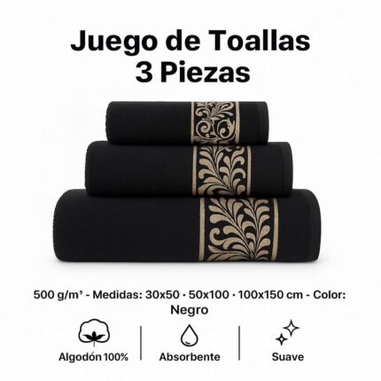 Juego de Toallas 3 Piezas 100% Algodón Portugués, 500 g/m, Oro en Negro.