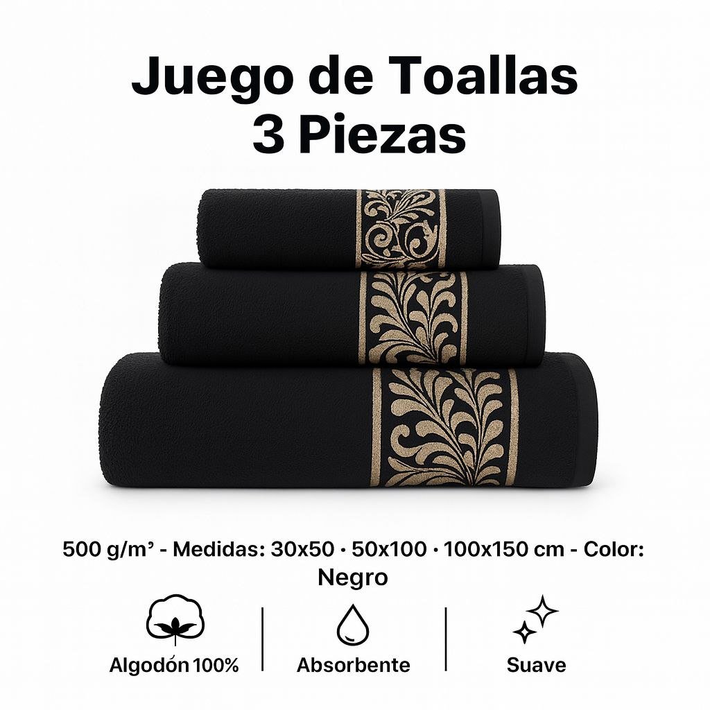Juego de Toallas 3 Piezas 100% Algodón Portugués, 500 g/m, Oro en Negro.