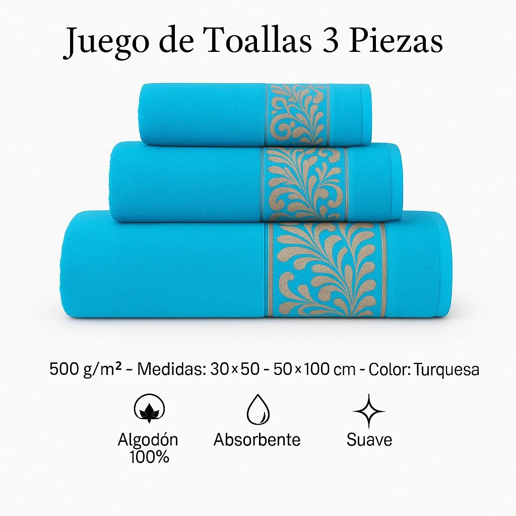 Juego de Toallas 3 Piezas 100% Algodón Portugués, 500 g/m, Oro en Truquea.