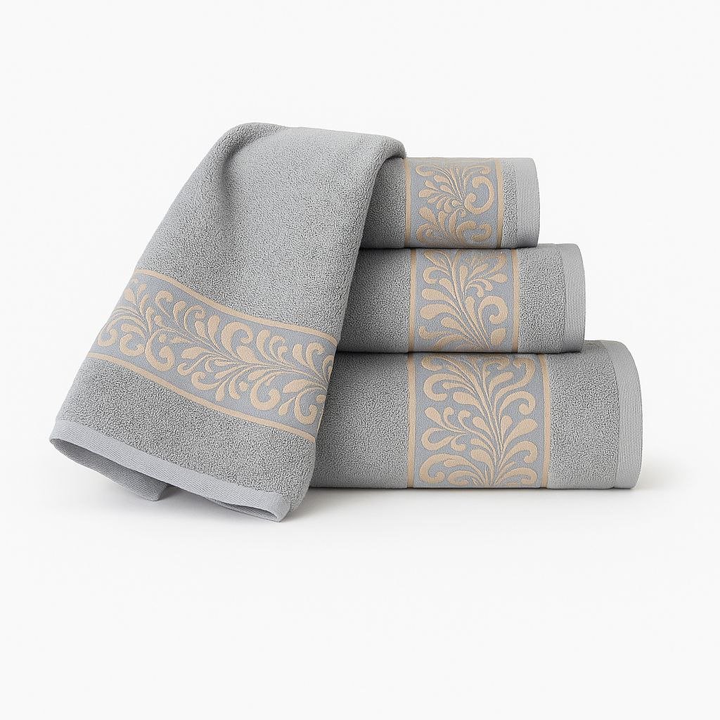 Juego de Toallas 3 Piezas 100% Algodón Portugués, 500 g/m, Oro en Gris Perla. - Imagen 2