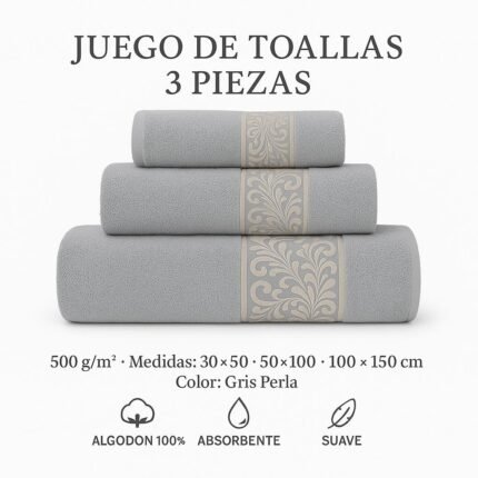 Juego de Toallas 3 Piezas 100% Algodón Portugués, 500 g/m, Oro en Gris Perla.