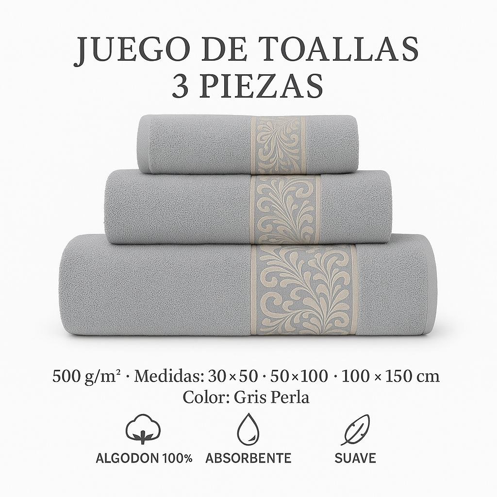 Juego de Toallas 3 Piezas 100% Algodón Portugués, 500 g/m, Oro en Gris Perla.
