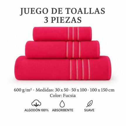 Juegos Toallas de baño algodón Portugués 600g de alta calidad set 3, Chinilla en Fucsia gruesas y duraderas.
