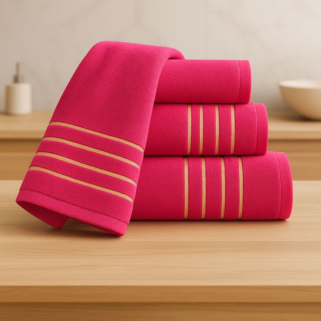 Juegos Toallas de baño algodón Portugués 600g de alta calidad set 3, Chinilla en Fucsia gruesas y duraderas. - Imagen 3