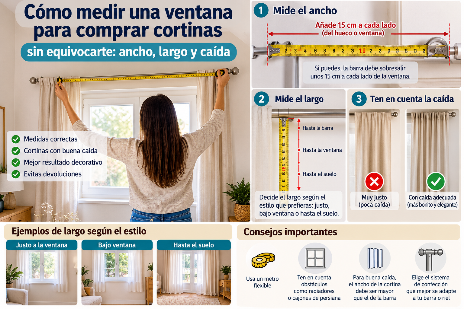 Guía ilustrada para medir el ancho y largo de una ventana y calcular la caída de las cortinas