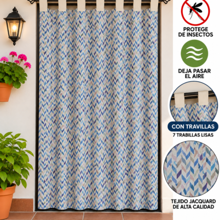 Cortina de calle Mosaico Azul 140×260 cm con estampado geométrico pequeño en tonos azules y siete trabillas lisas