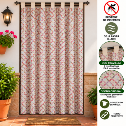 Cortina de calle círculos rojos 140×260 cm con estampado geométrico multicolor y 7 trabillas lisas