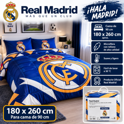 edredón Real Madrid cama 90 azul 180 × 260 cm, imagen orientativa