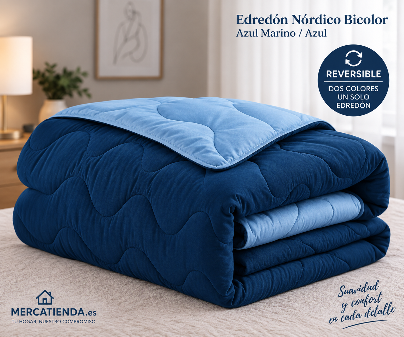 Edredón nórdico Azul Marino y Azul reversible doblado