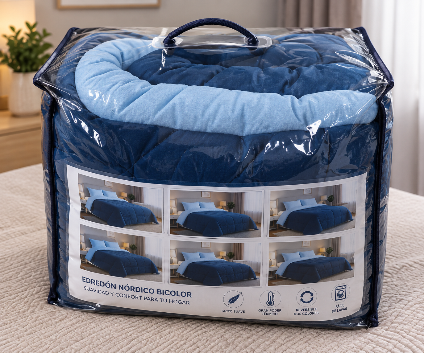 Edredón nórdico Azul Marino y Azul embolsado en bolsa transparente