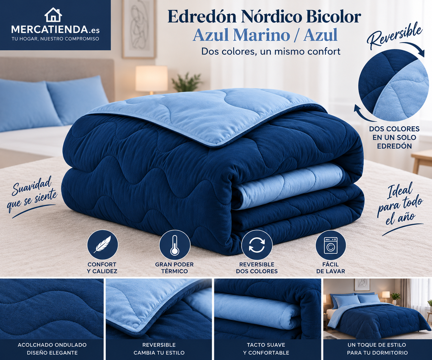 Edredón nórdico bicolor Azul Marino y Azul diseño reversible