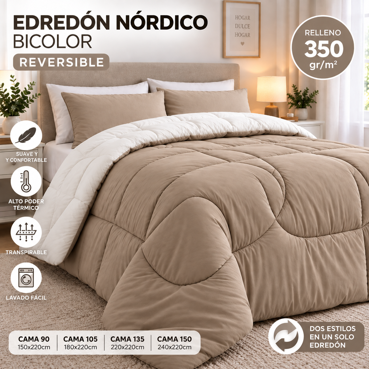 Edredón nórdico reversible Taupe y Beis para invierno