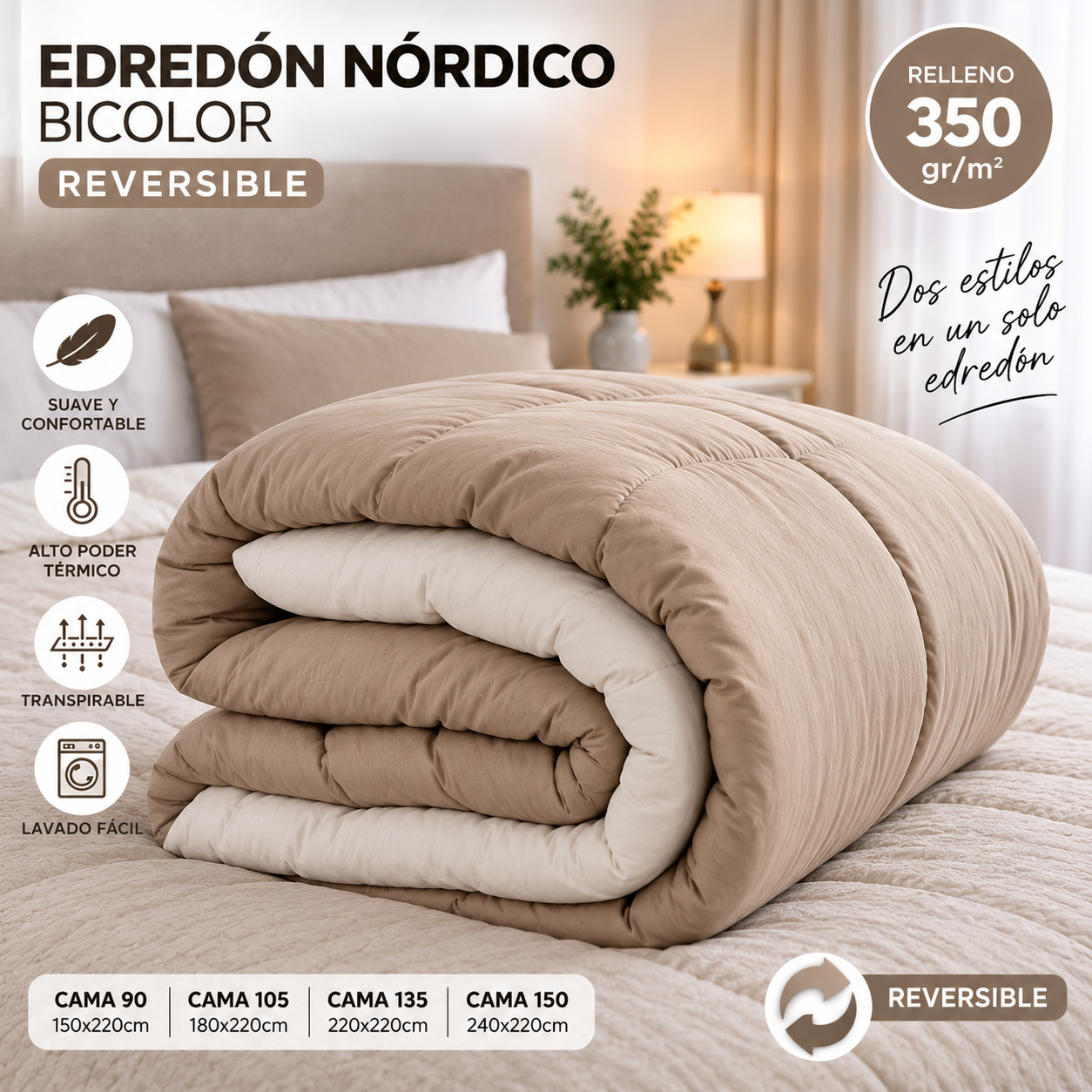 Edredón nórdico Taupe y Beis 350 g/m² doblado