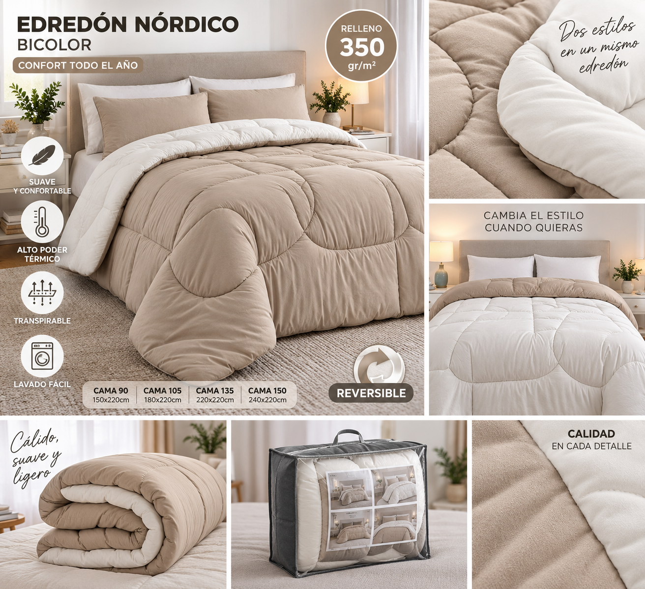 Edredón nórdico bicolor Taupe y Beis reversible 350 g/m²