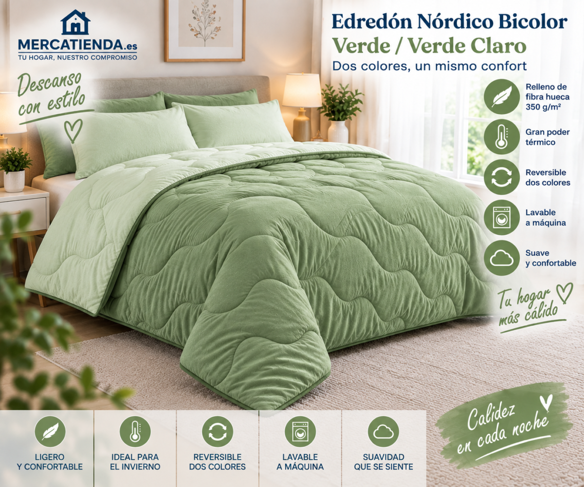 Edredón nórdico bicolor Verde y Verde Claro 350 g/m² reversible
