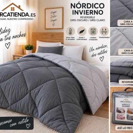 Edredón nórdico reversible gris oscuro y gris claro 350 g/m²