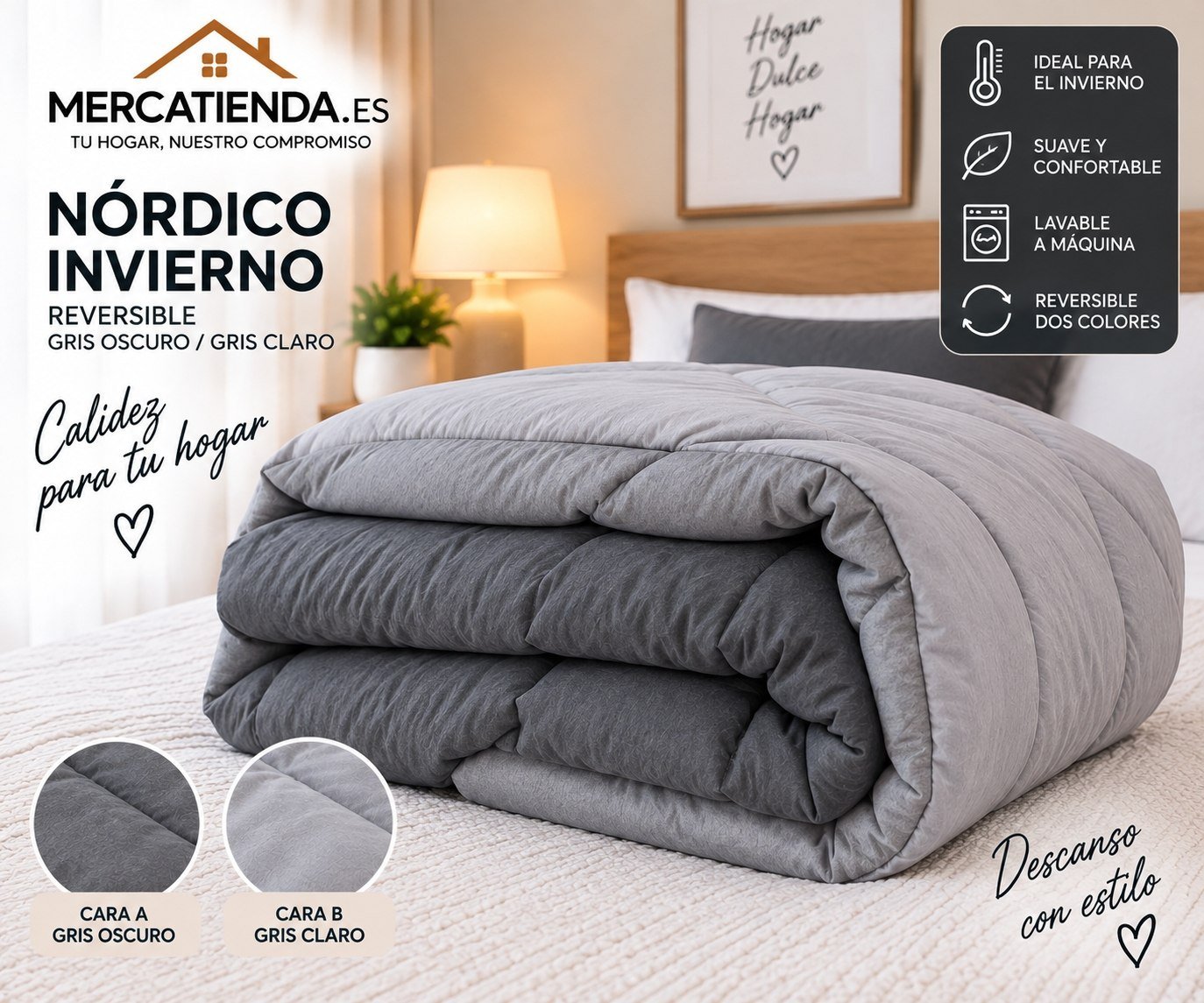 Edredón nórdico gris claro y gris oscuro reversible