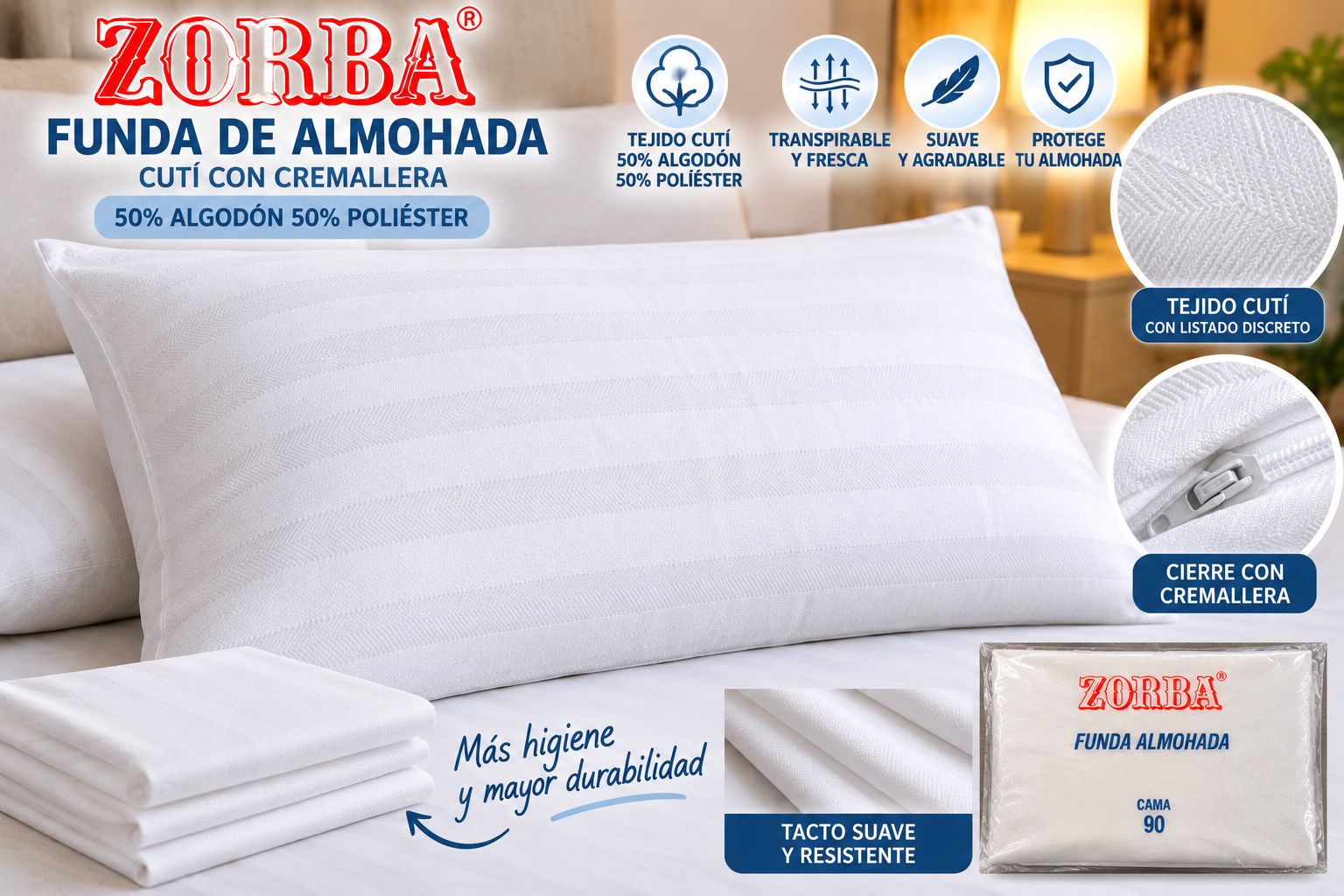 Funda almohada Zorba cutí con cremallera, algodón y poliéster