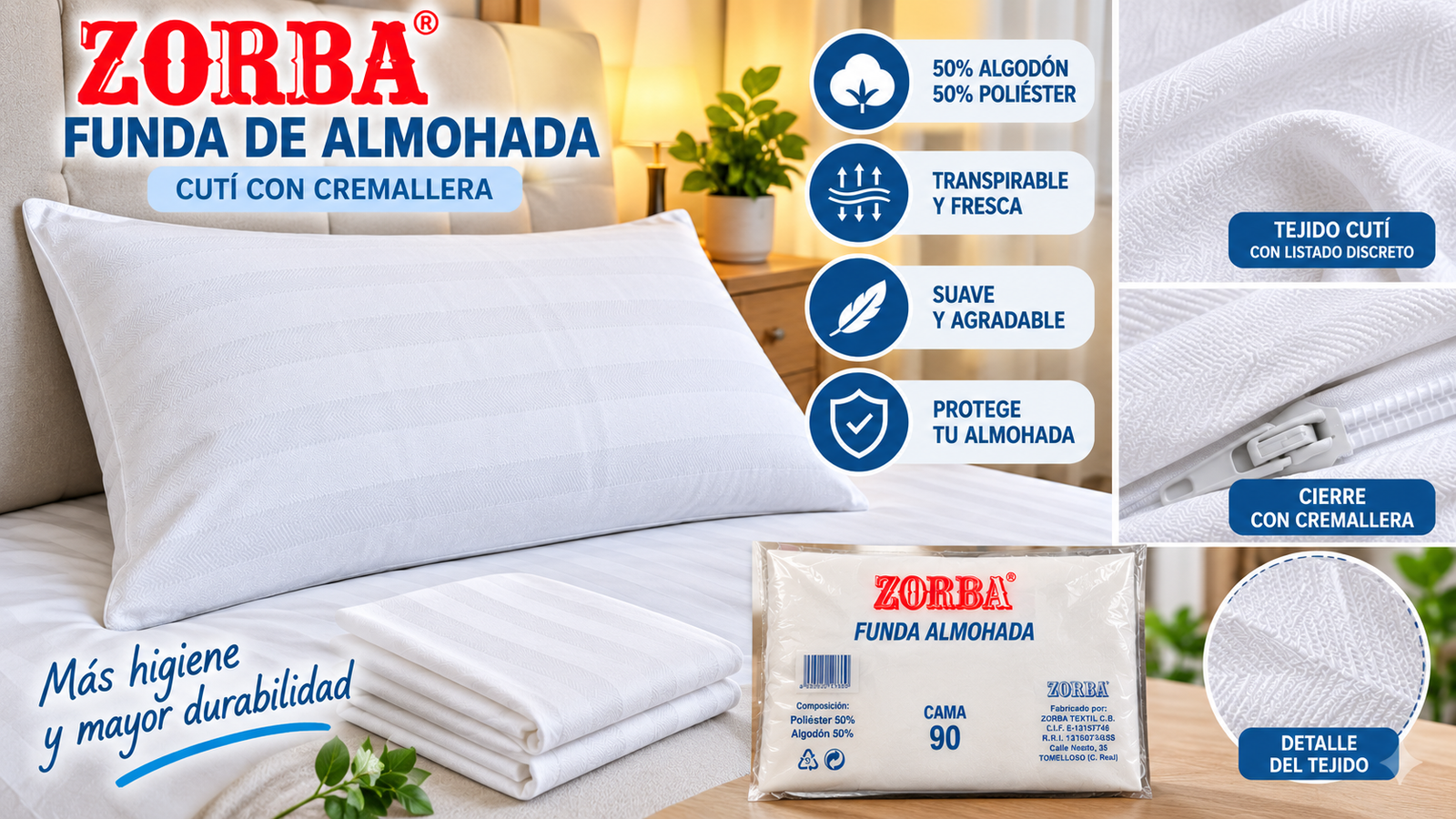 Funda almohada Zorba cutí con cremallera, algodón y poliéster