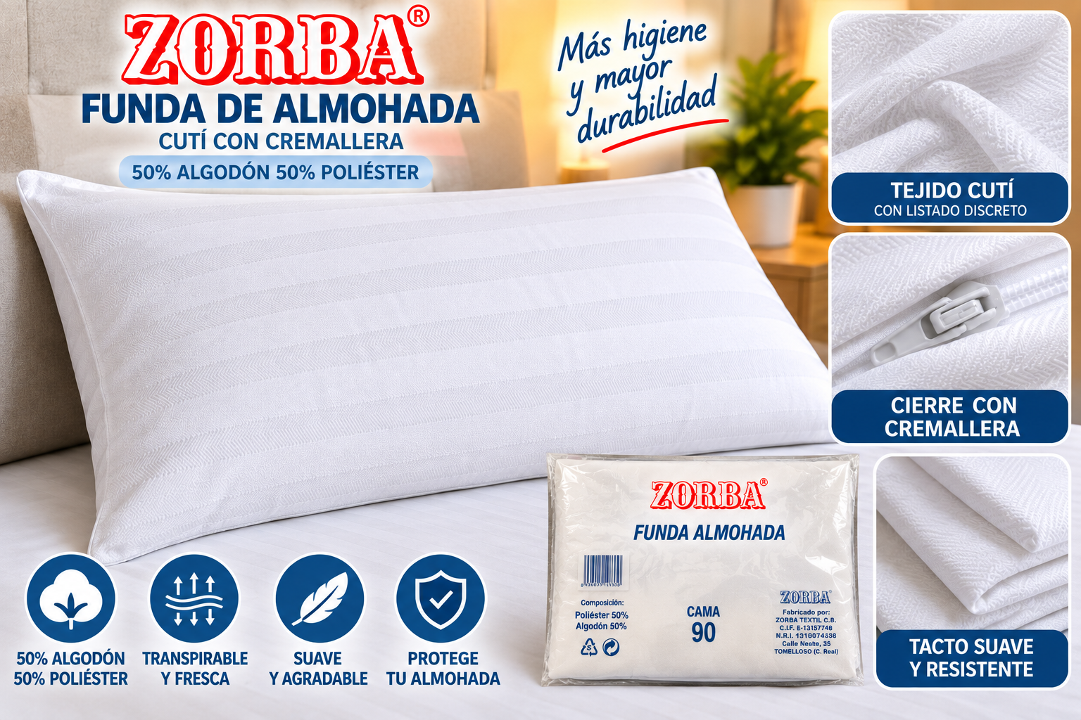 Funda almohada Zorba cutí con cremallera, algodón y poliéster