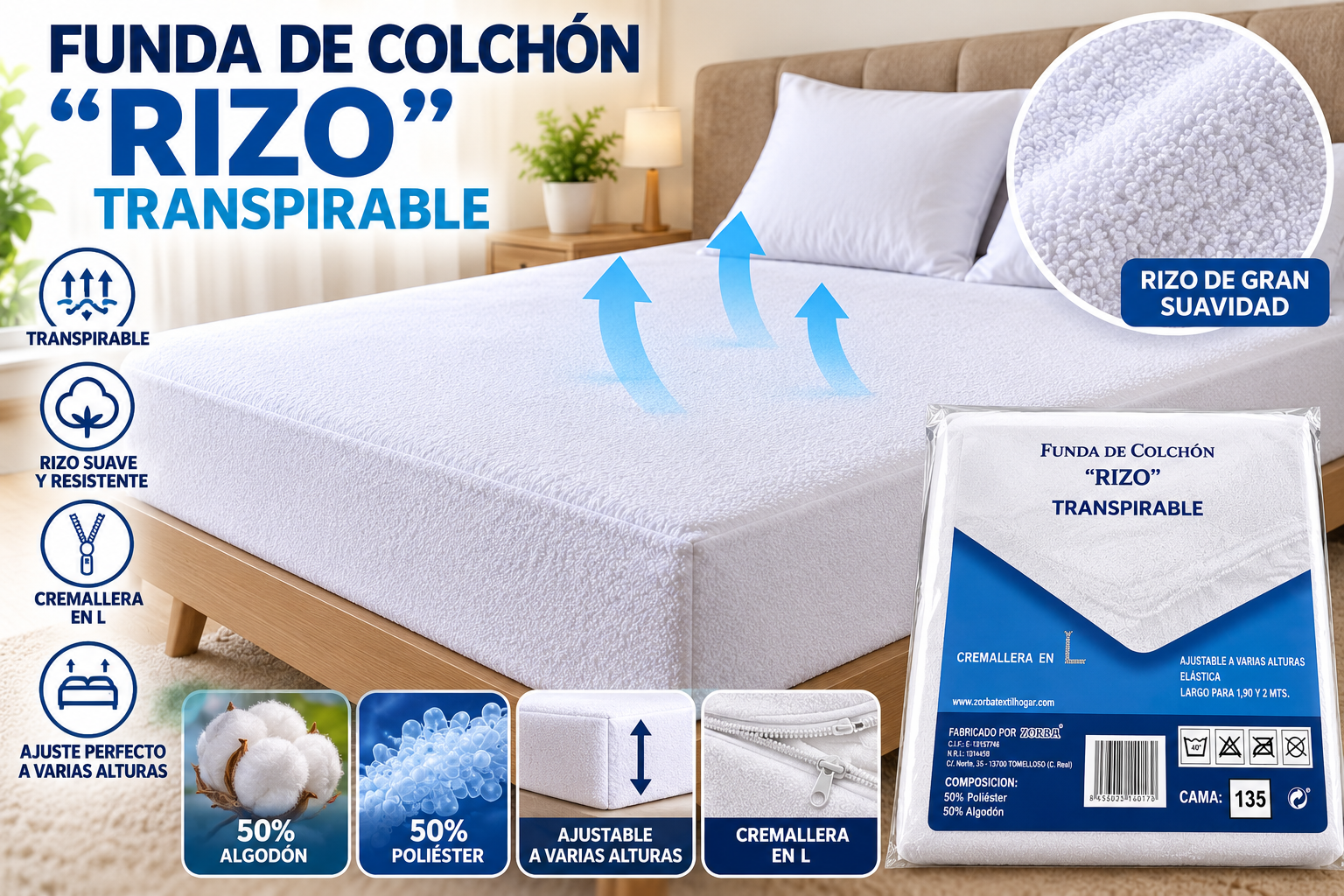 Funda de colchón Zorba Rizo transpirable con cremallera en L - imagen 1