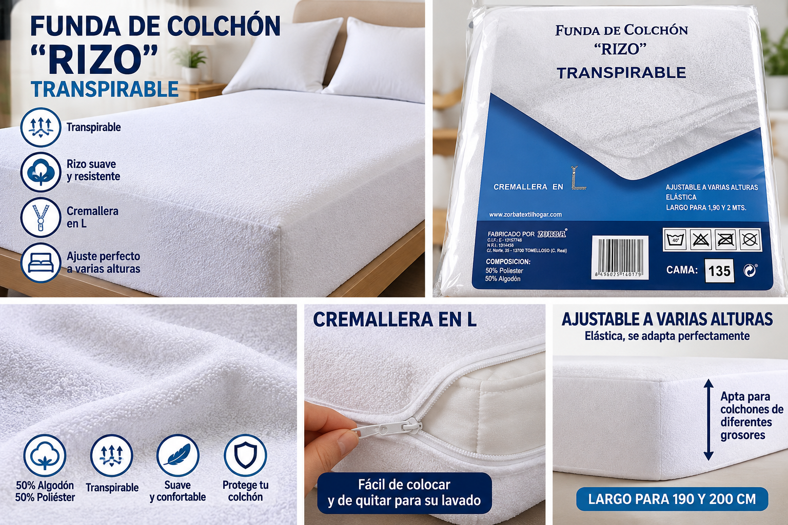 Funda colchón Zorba Rizo transpirable cremallera en L - detalle y presentación