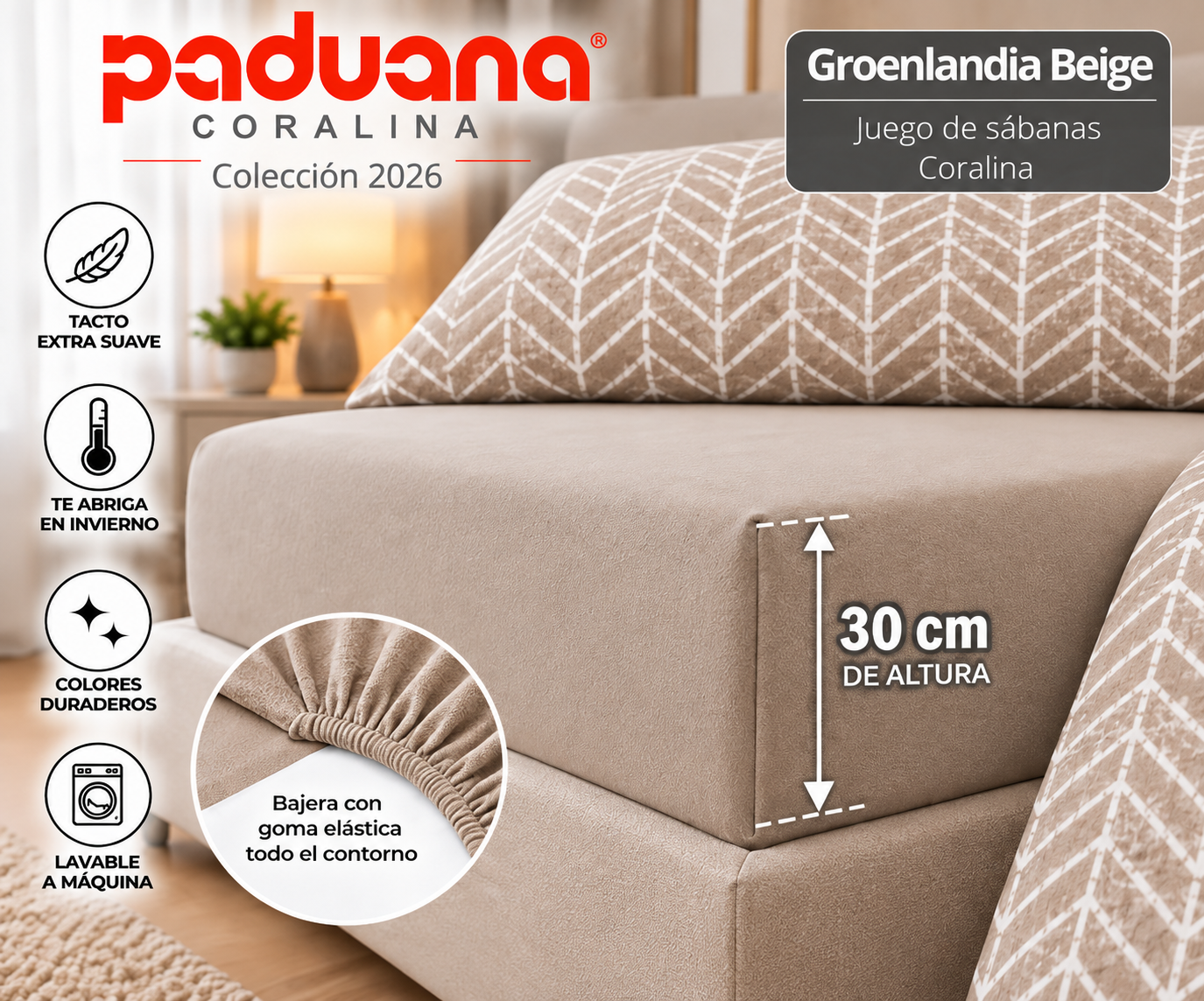 Juego de sábanas coralina Paduana Groenlandia Beige bajera