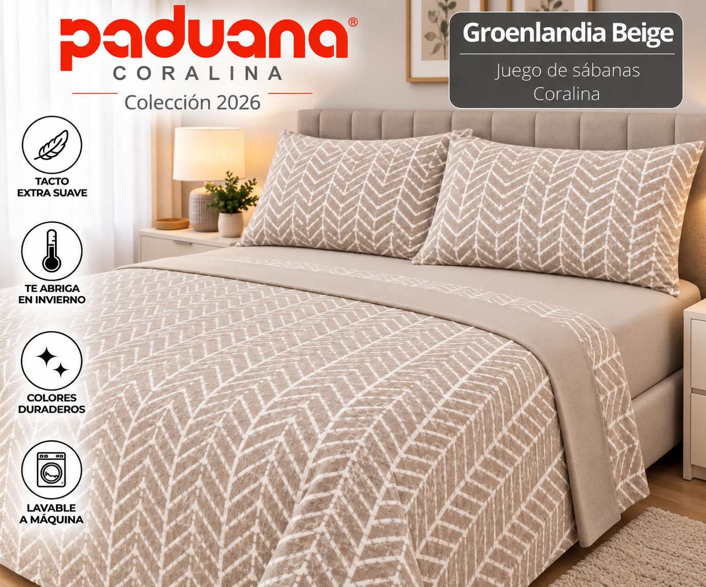Juego de sábanas coralina Paduana Groenlandia Beige cama