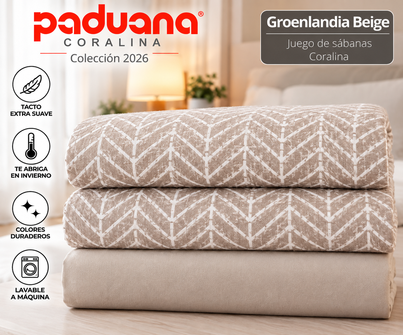 Juego de sábanas coralina Paduana Groenlandia Beige doblado